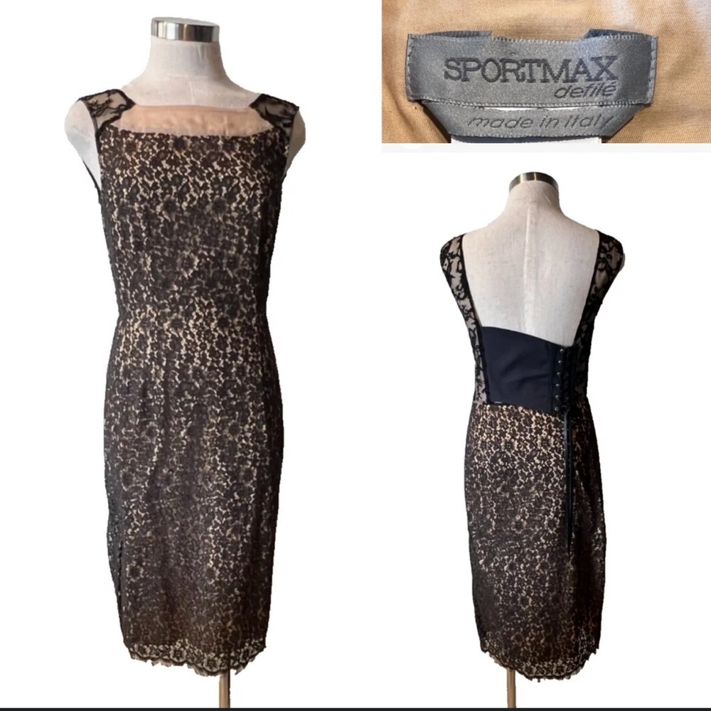 SPORTMAX Black Lace, Nude Lined Stretch, Corset Back Dress 4